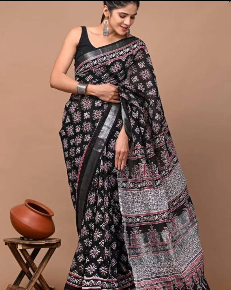 SV Linen With Silver Jari Patta Digital Printed Sarees Wholesale Market In Surat